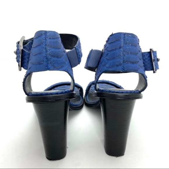 Tibi Snakeskin Embossed Leather Chunky Heel Ankle Strap Buckle Sandal Royal Blue - Picture 8 of 9